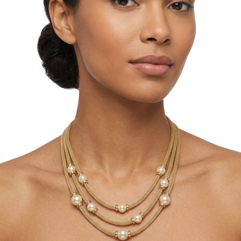 Ann Klein Adjustable Gold Multi-Strand Pearl Station Necklace
